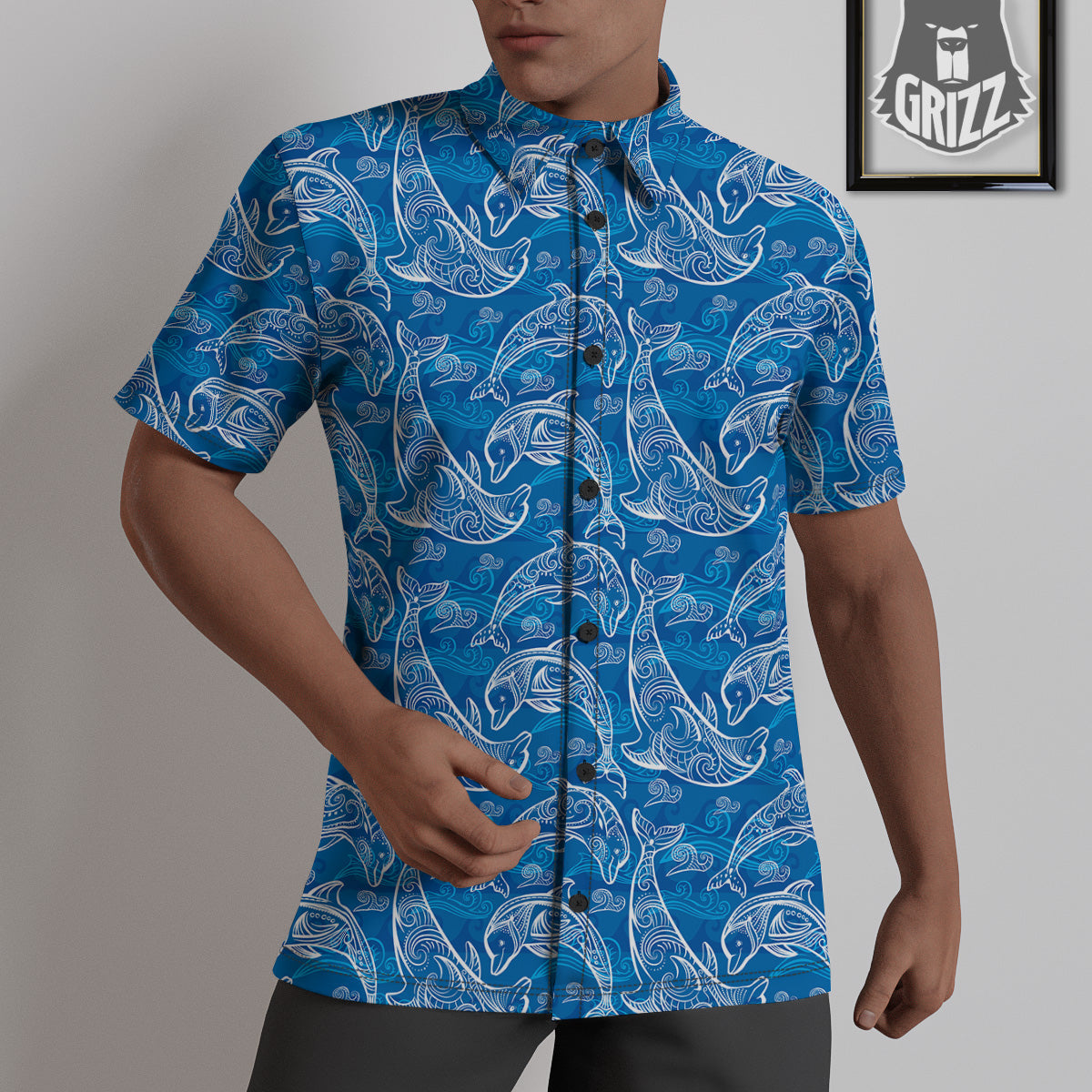 Blue Dolphins Ethnic Print Pattern Untucked Shirts-grizzshop