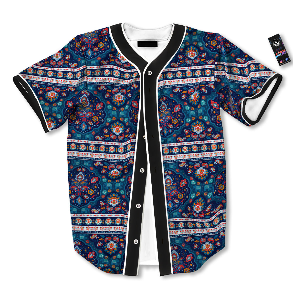 Blue Ethnic Mandala Print Pattern Baseball Jersey-grizzshop