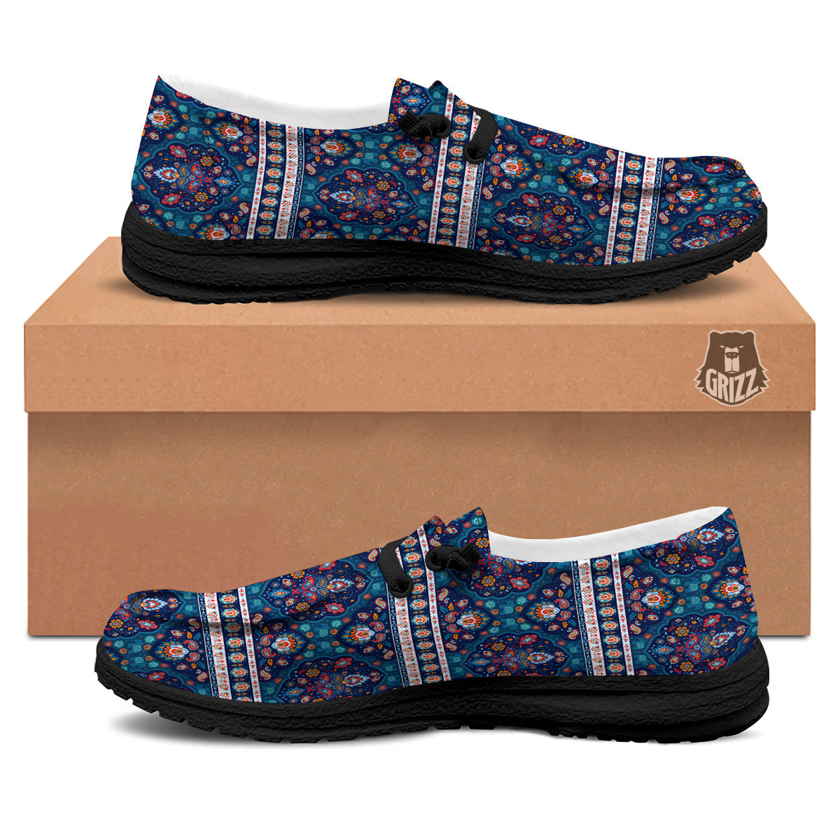 Blue Ethnic Mandala Print Pattern Black Loafers-grizzshop