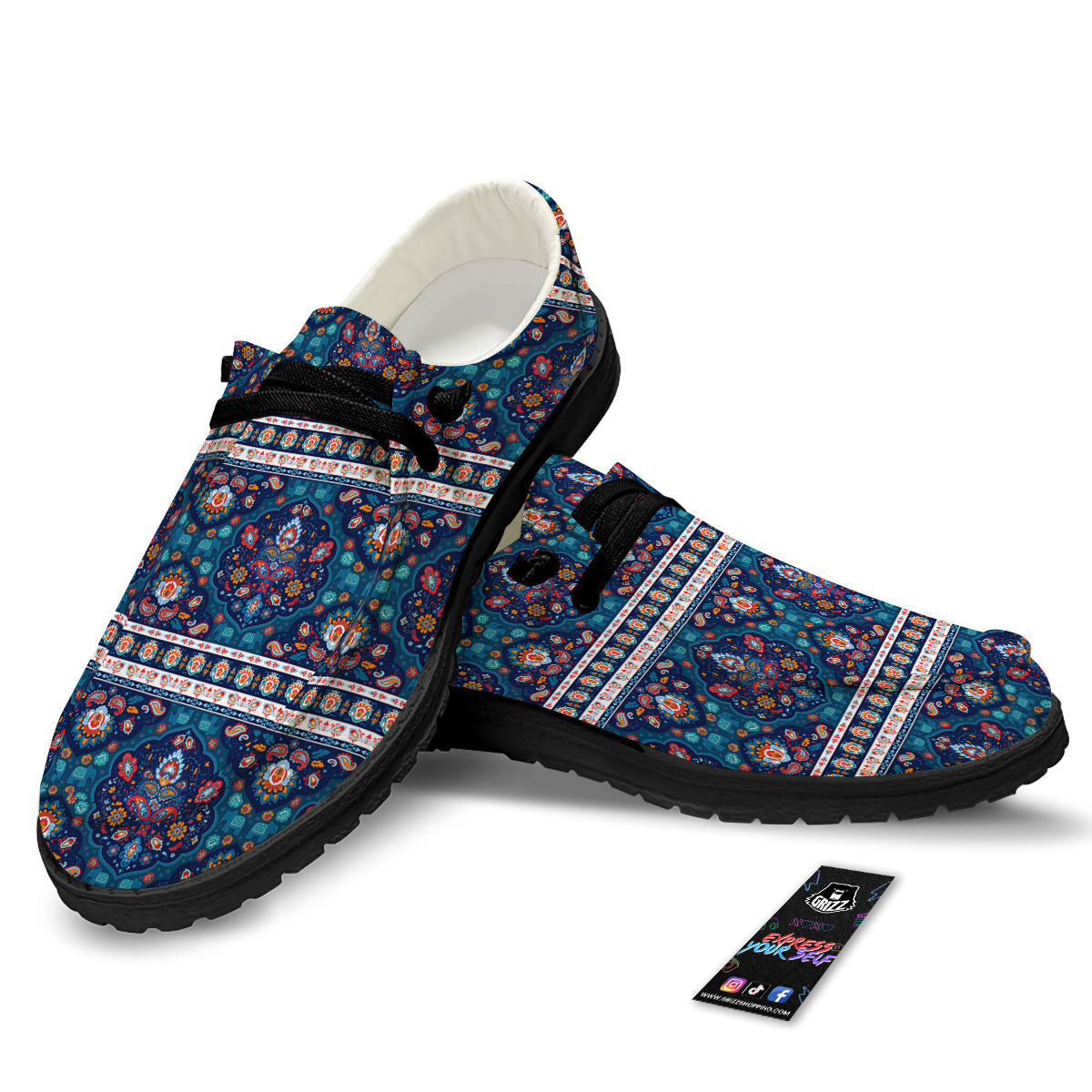 Blue Ethnic Mandala Print Pattern Black Loafers-grizzshop