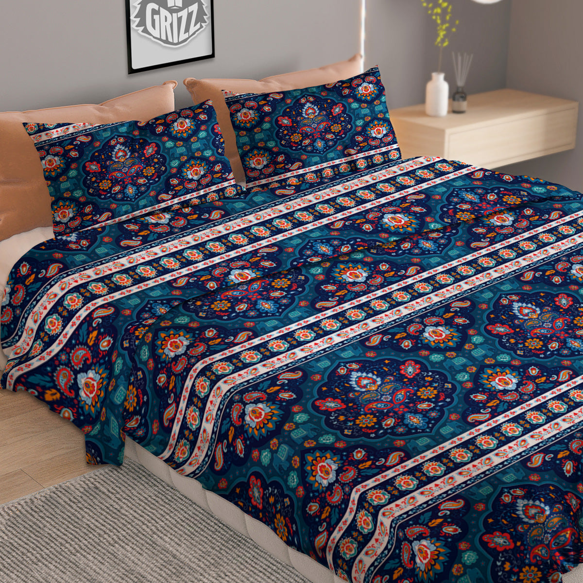 Blue Ethnic Mandala Print Pattern Duvet Cover Bedding Set