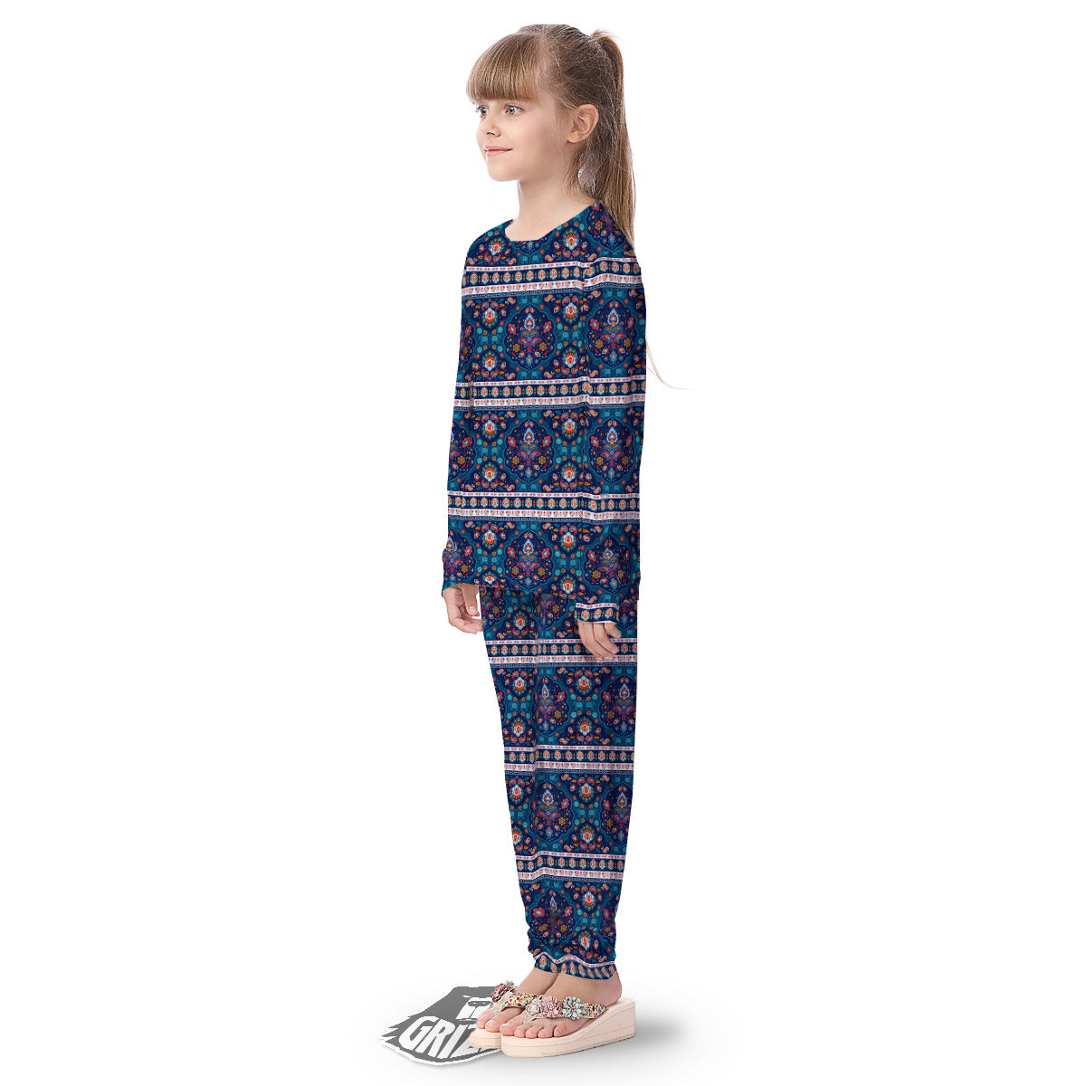 Blue Ethnic Mandala Print Pattern Kid's Pajamas-grizzshop