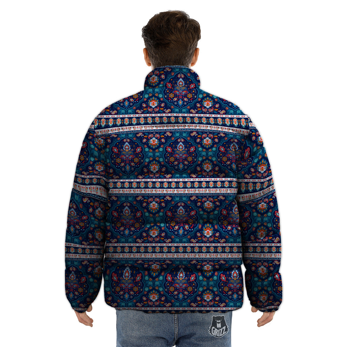 Blue Ethnic Mandala Print Pattern Puffer Jacket-grizzshop