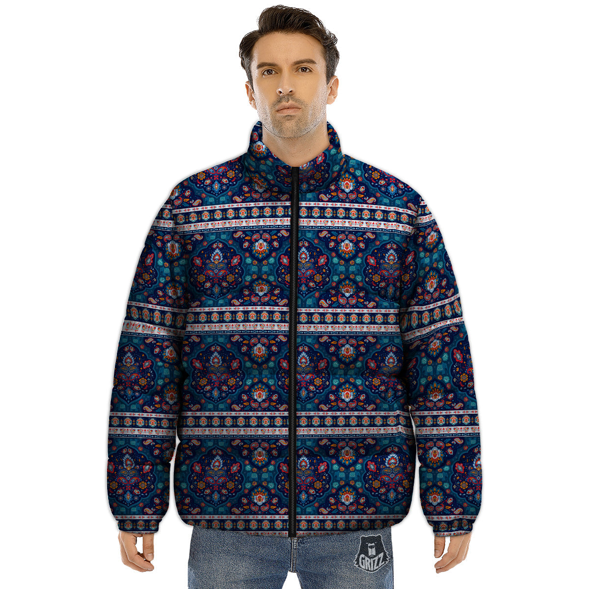 Blue Ethnic Mandala Print Pattern Puffer Jacket-grizzshop