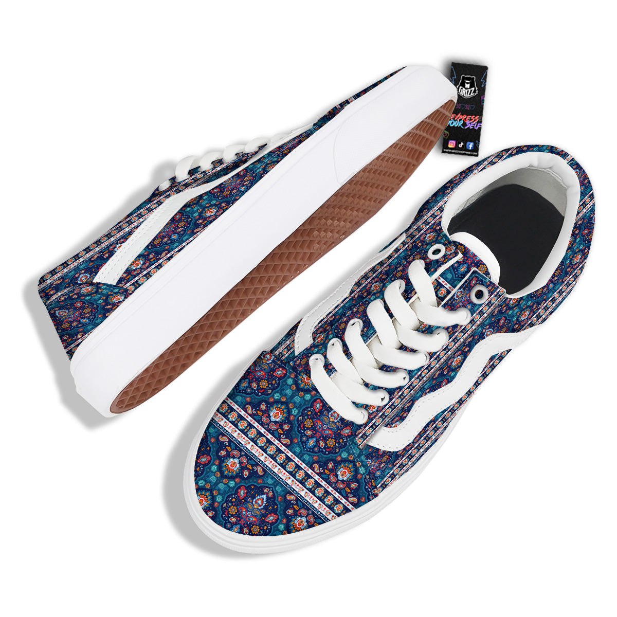 Blue Ethnic Mandala Print Pattern Skate Shoes-grizzshop