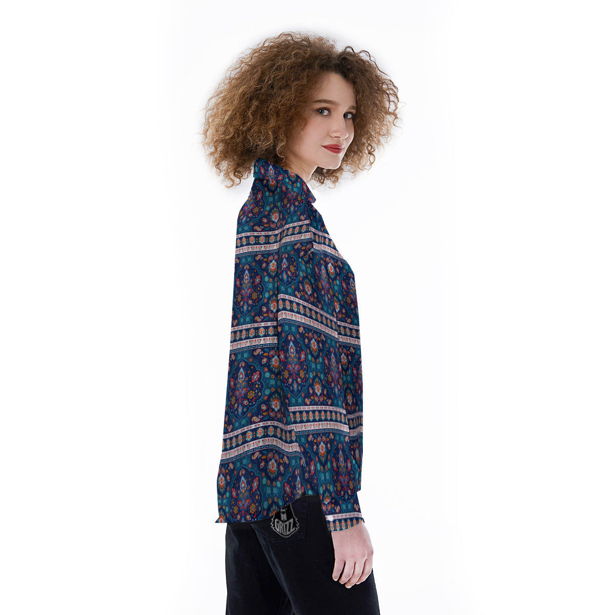 Blue Ethnic Mandala Print Pattern Women's Long Sleeve Shirts-grizzshop