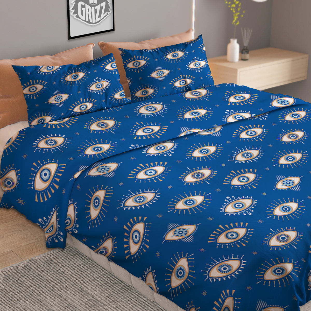 Blue Eyes Hamsa Print Pattern Duvet Cover Bedding Set