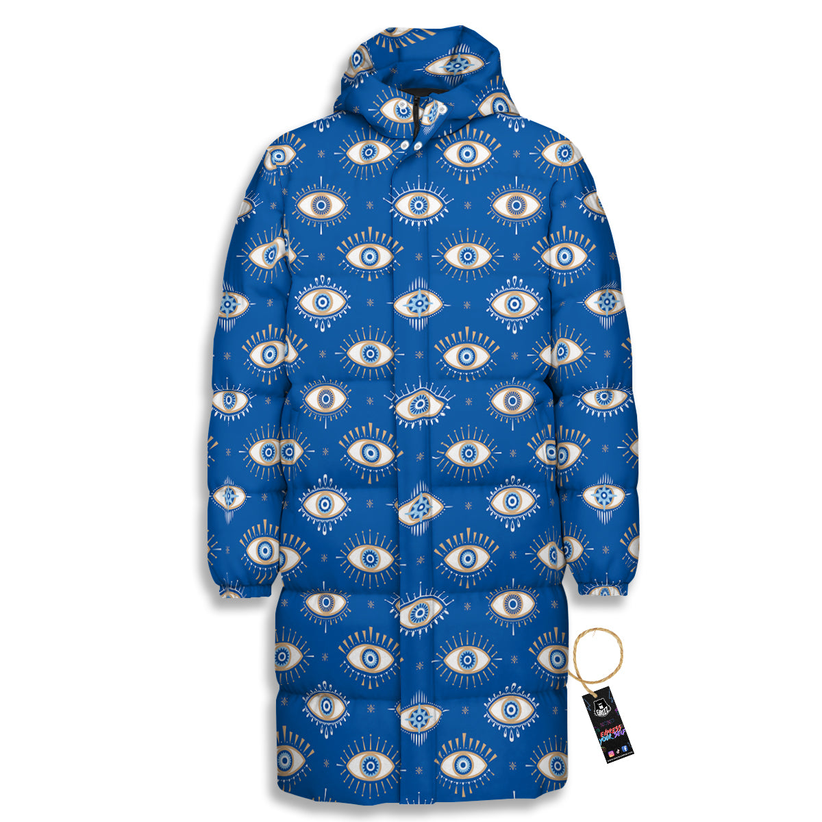 Blue Eyes Hamsa Print Pattern Long Down Jacket-grizzshop