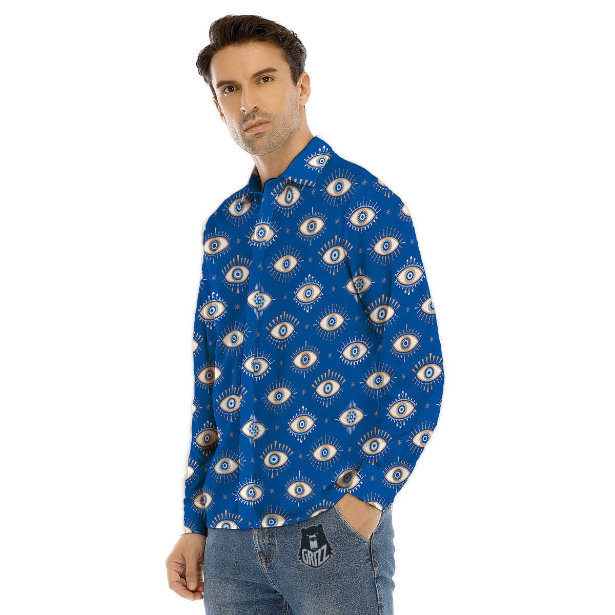 Blue Eyes Hamsa Print Pattern Men's Dress Shirts-grizzshop