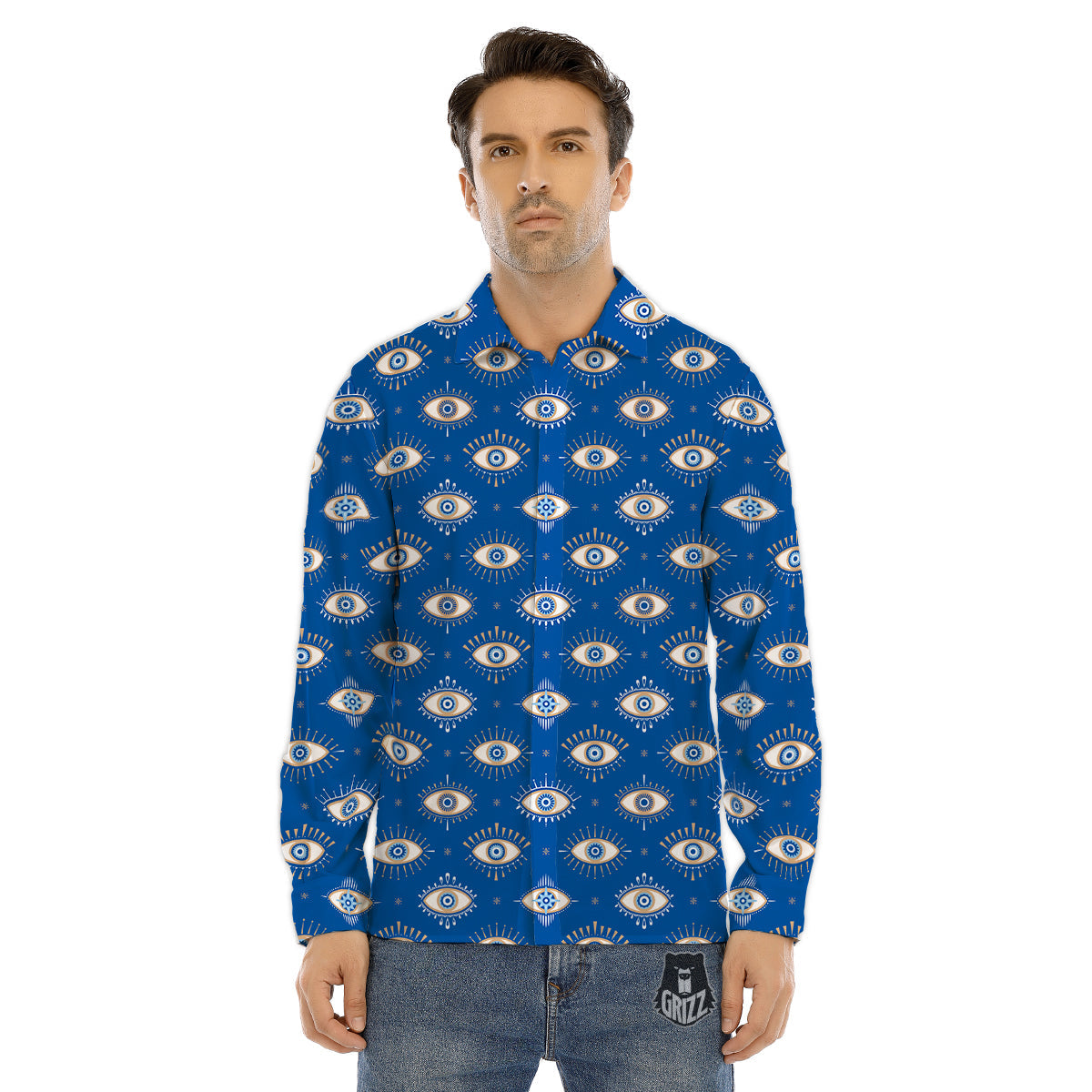 Blue Eyes Hamsa Print Pattern Men's Dress Shirts-grizzshop