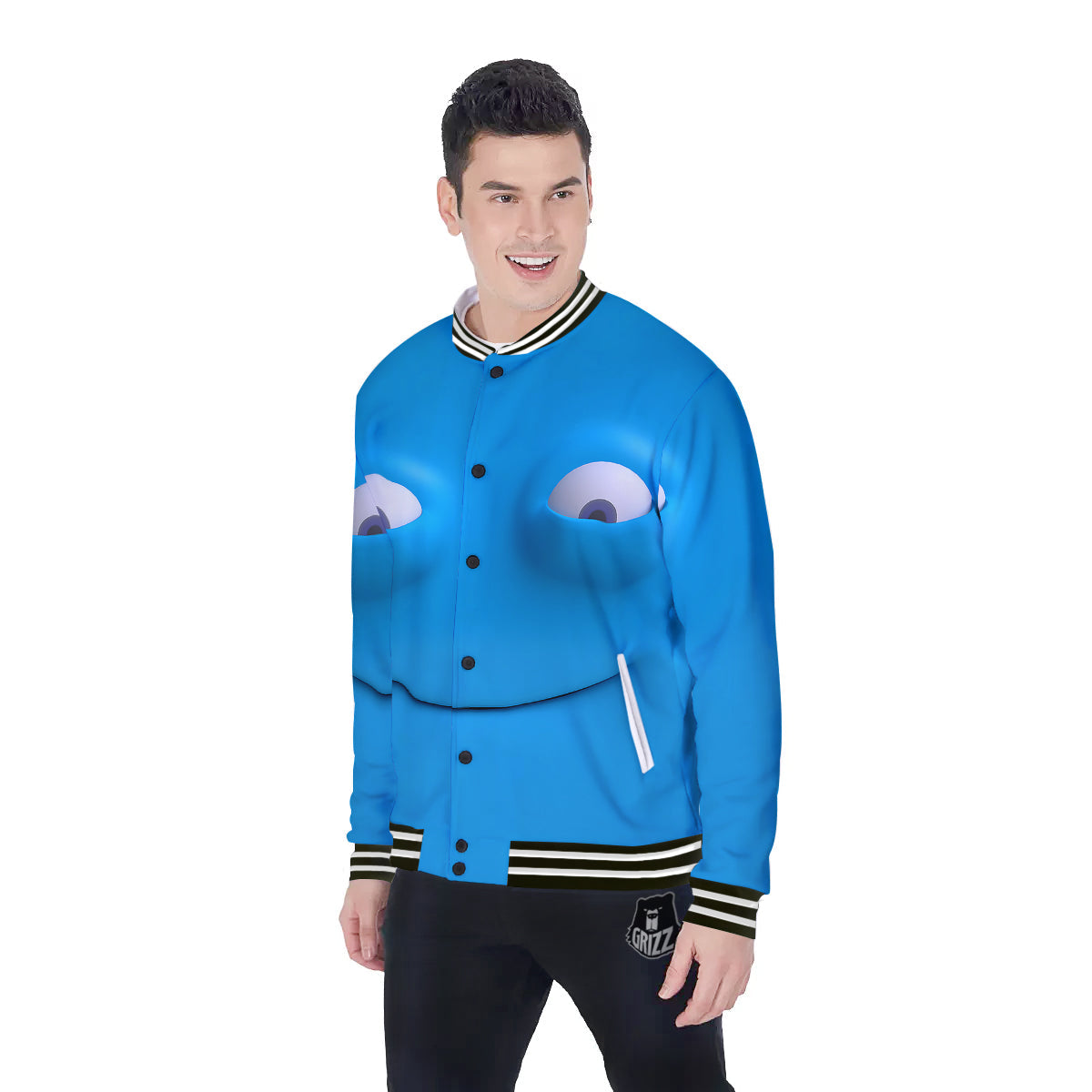 Blue Face Cartoon Emoticon Character Print Baseball Jacket-grizzshop