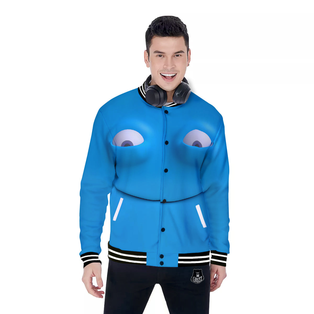 Blue Face Cartoon Emoticon Character Print Baseball Jacket-grizzshop
