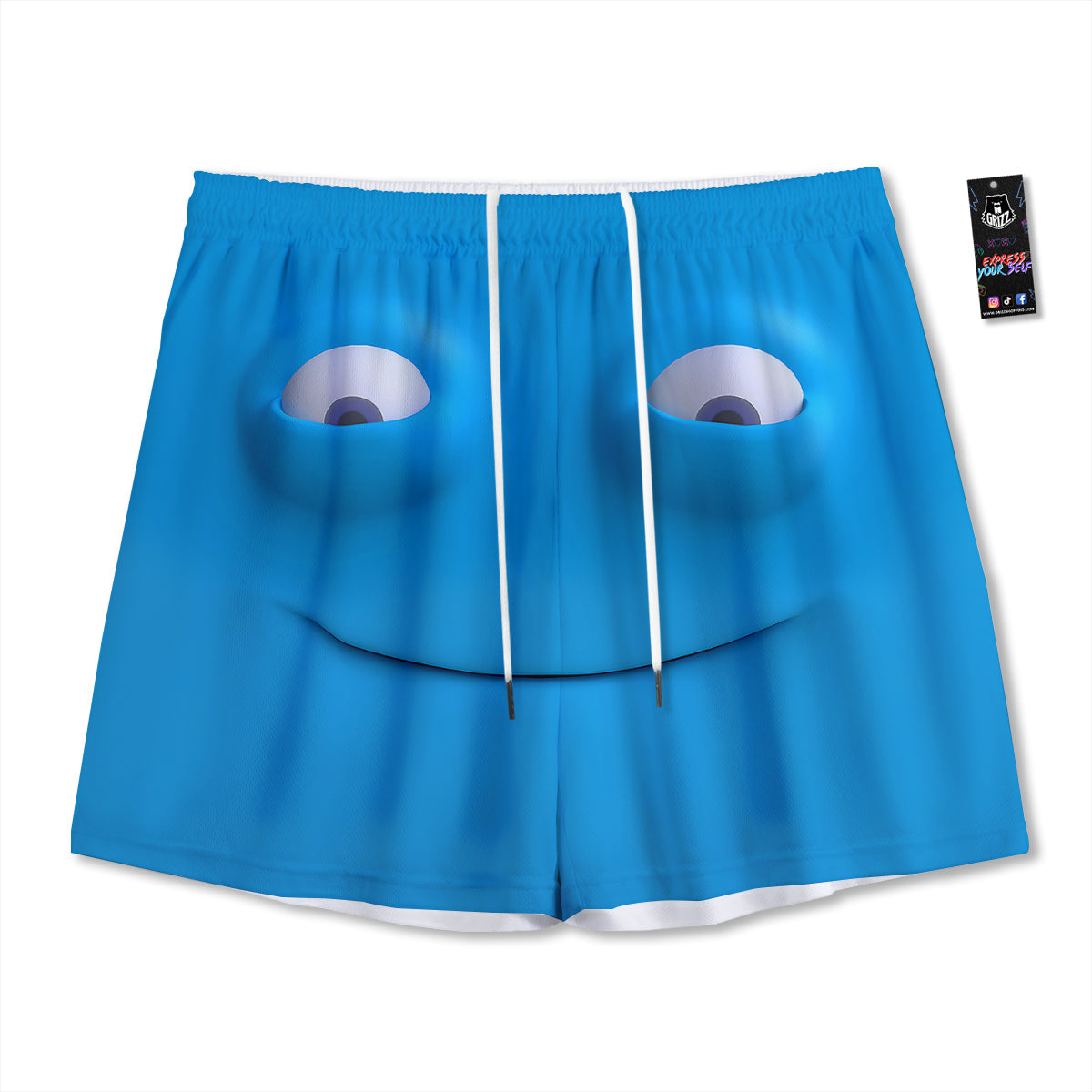 Blue Face Cartoon Emoticon Character Print Mesh Shorts-grizzshop