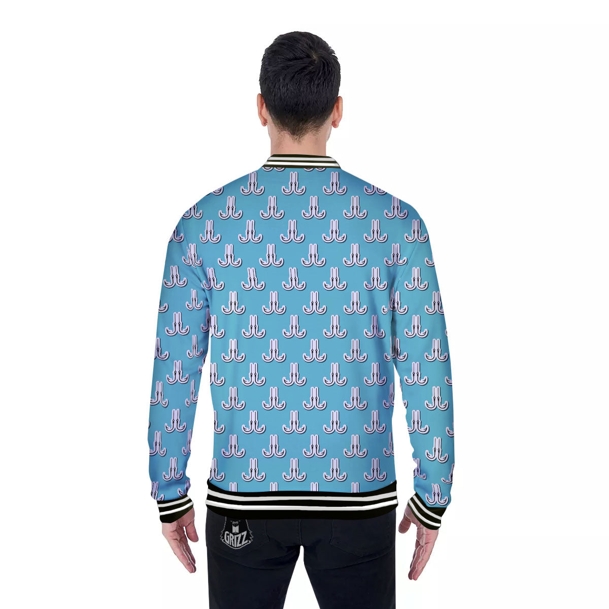 Blue Fish Hook Print Pattern Baseball Jacket-grizzshop