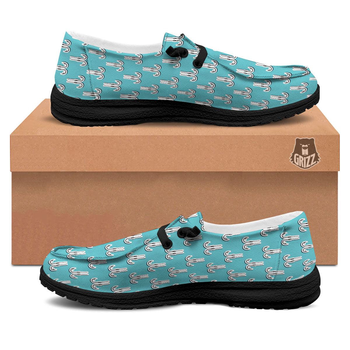 Blue Fish Hook Print Pattern Black Loafers-grizzshop