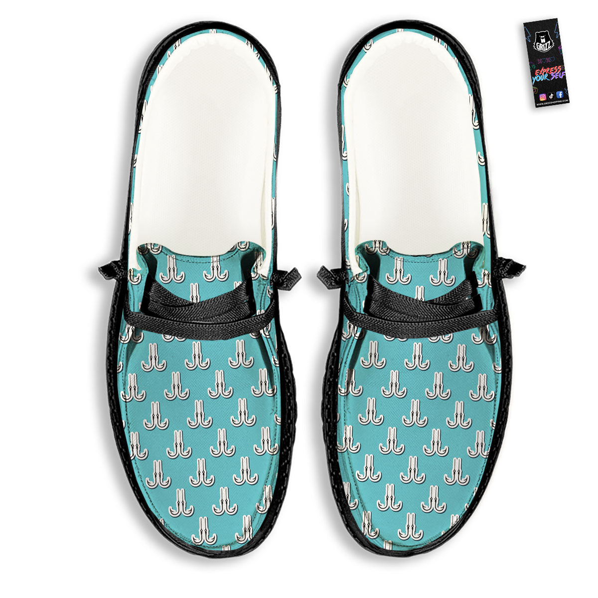 Blue Fish Hook Print Pattern Black Loafers-grizzshop