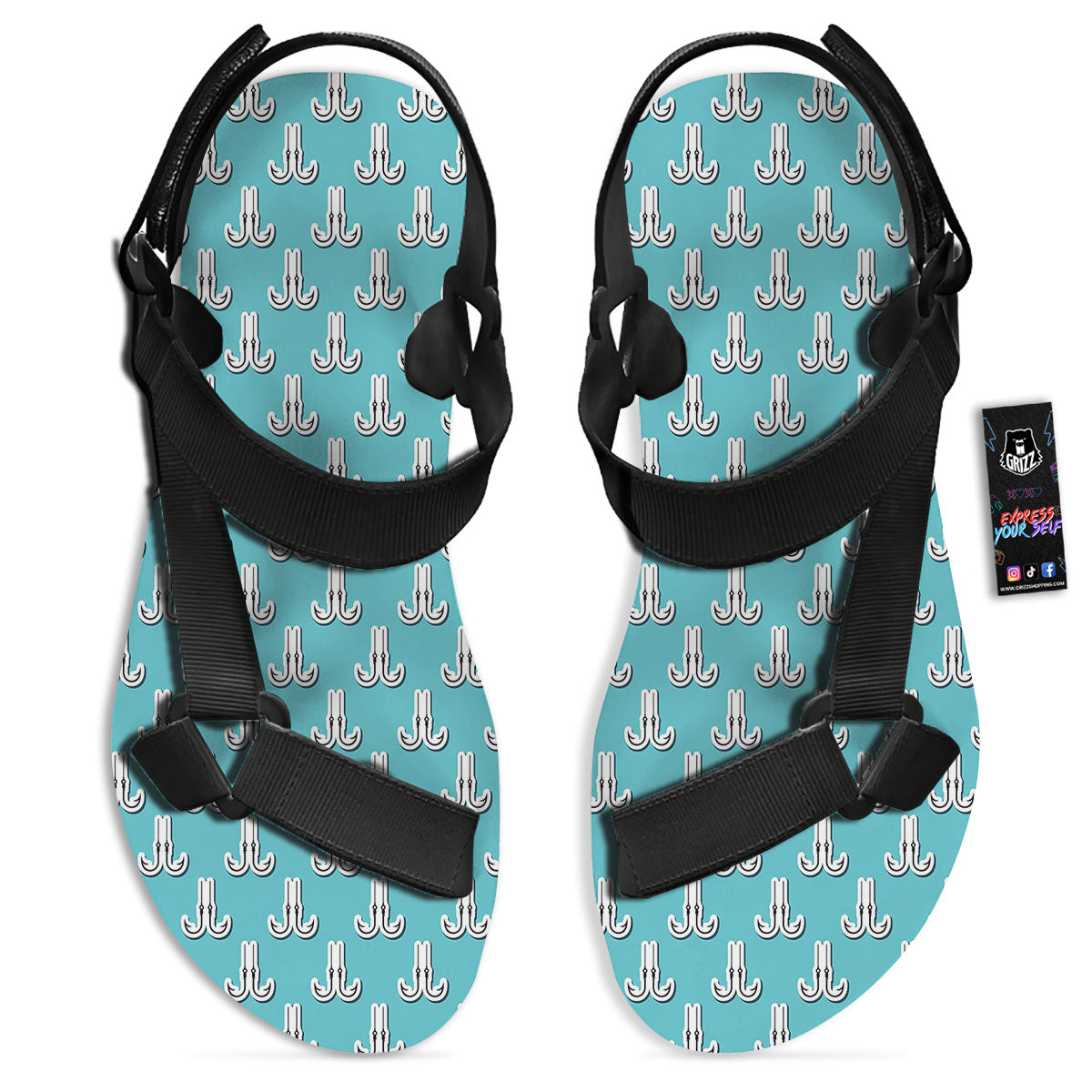 Blue Fish Hook Print Pattern Black Open Toe Sandals-grizzshop