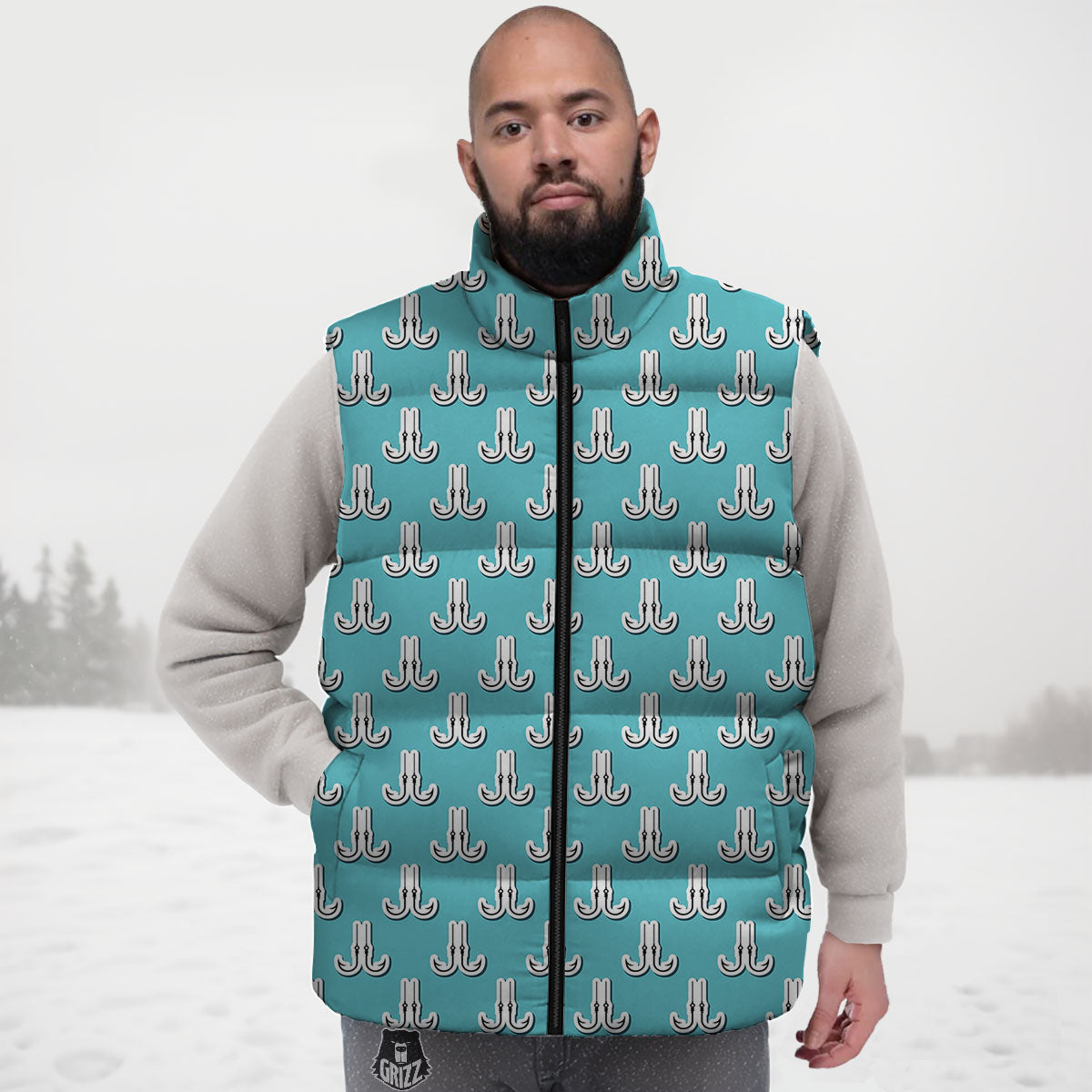 Blue Fish Hook Print Pattern Down Vest