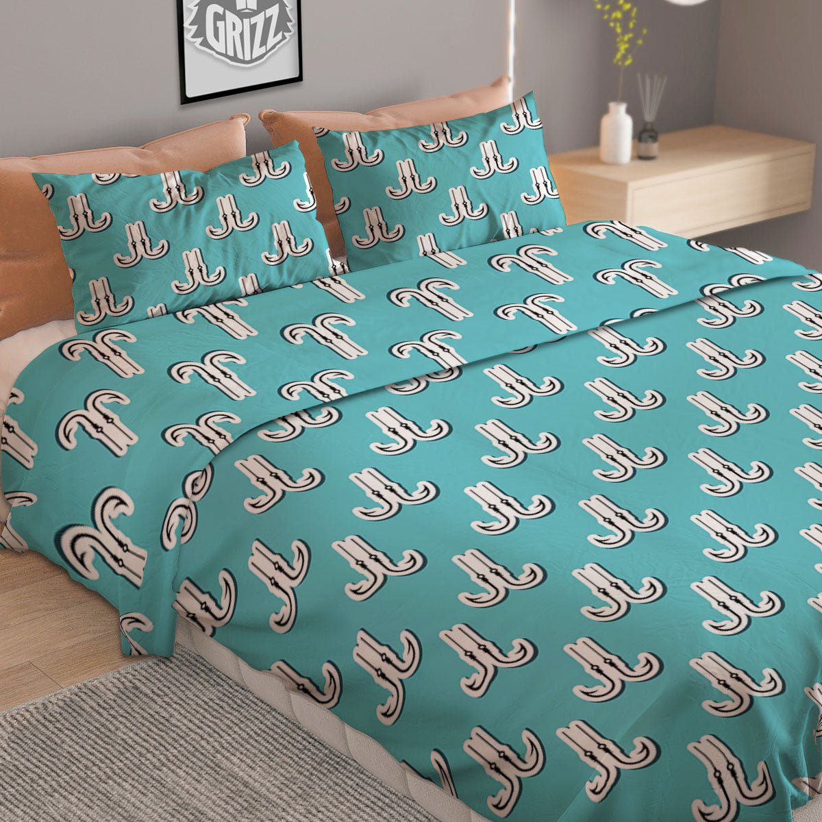 Blue Fish Hook Print Pattern Duvet Cover Bedding Set