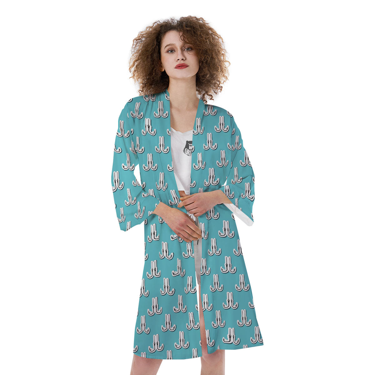 Blue Fish Hook Print Pattern Kimono-grizzshop