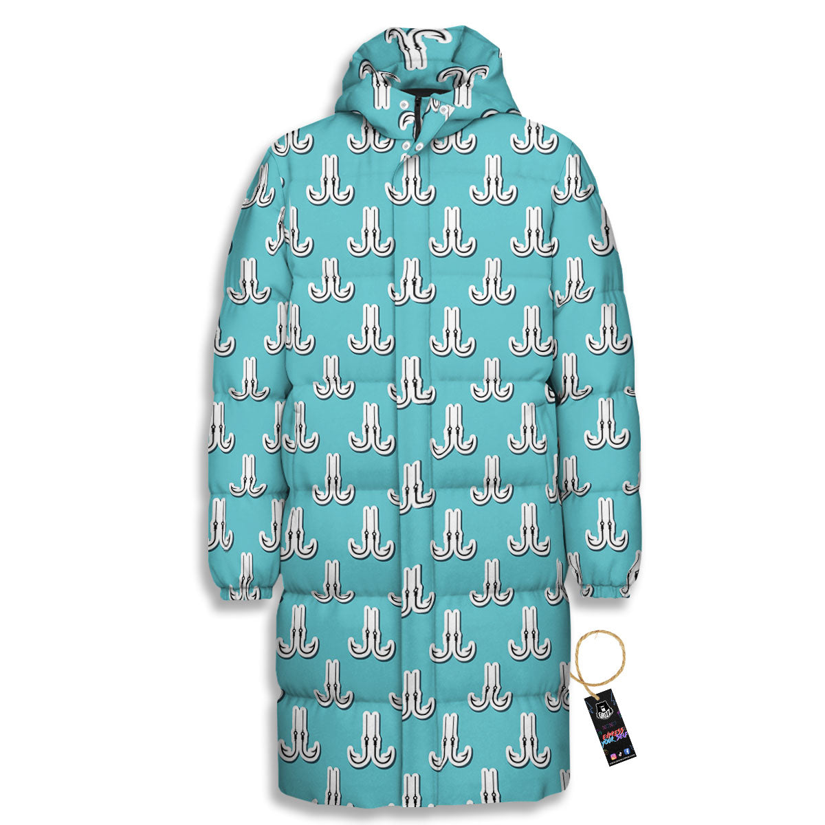 Blue Fish Hook Print Pattern Long Down Jacket-grizzshop