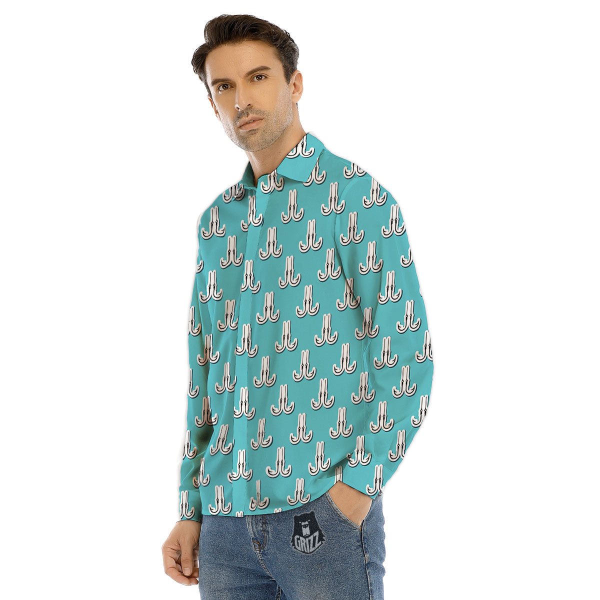 Blue Fish Hook Print Pattern Men's Dress Shirts-grizzshop