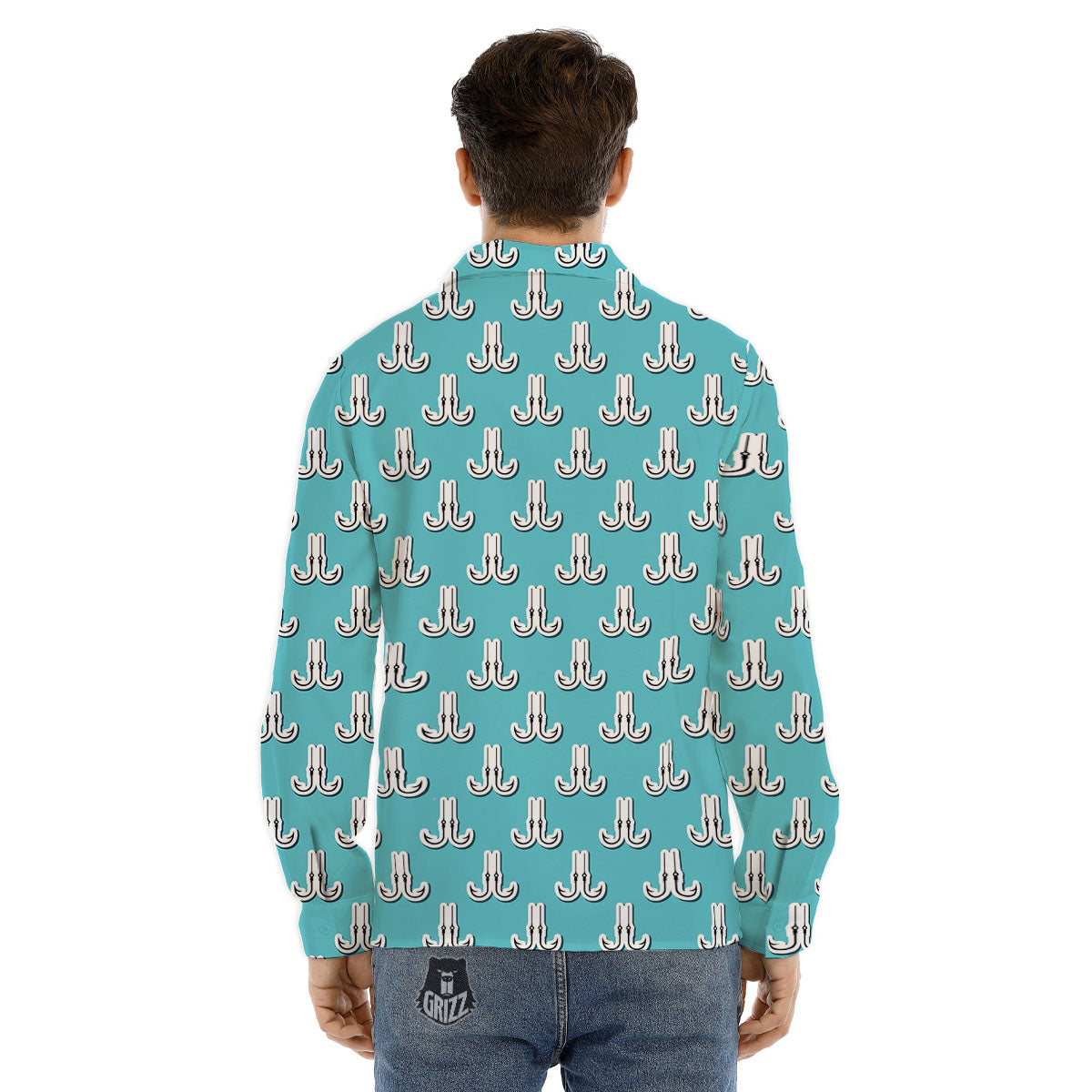 Blue Fish Hook Print Pattern Men's Dress Shirts-grizzshop