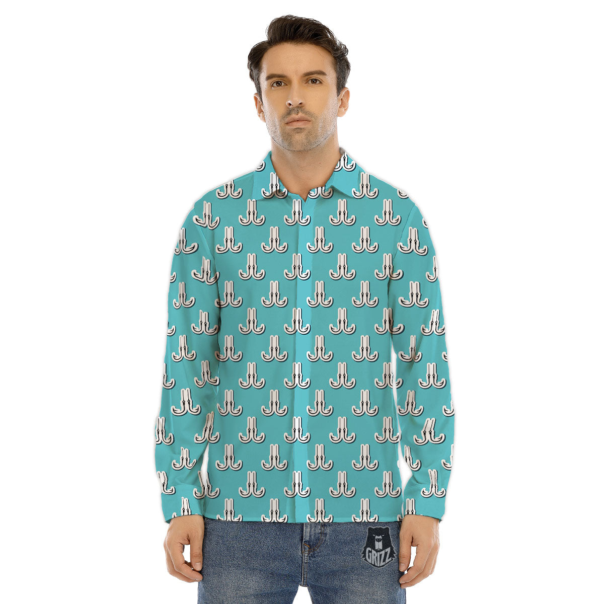 Blue Fish Hook Print Pattern Men's Dress Shirts-grizzshop