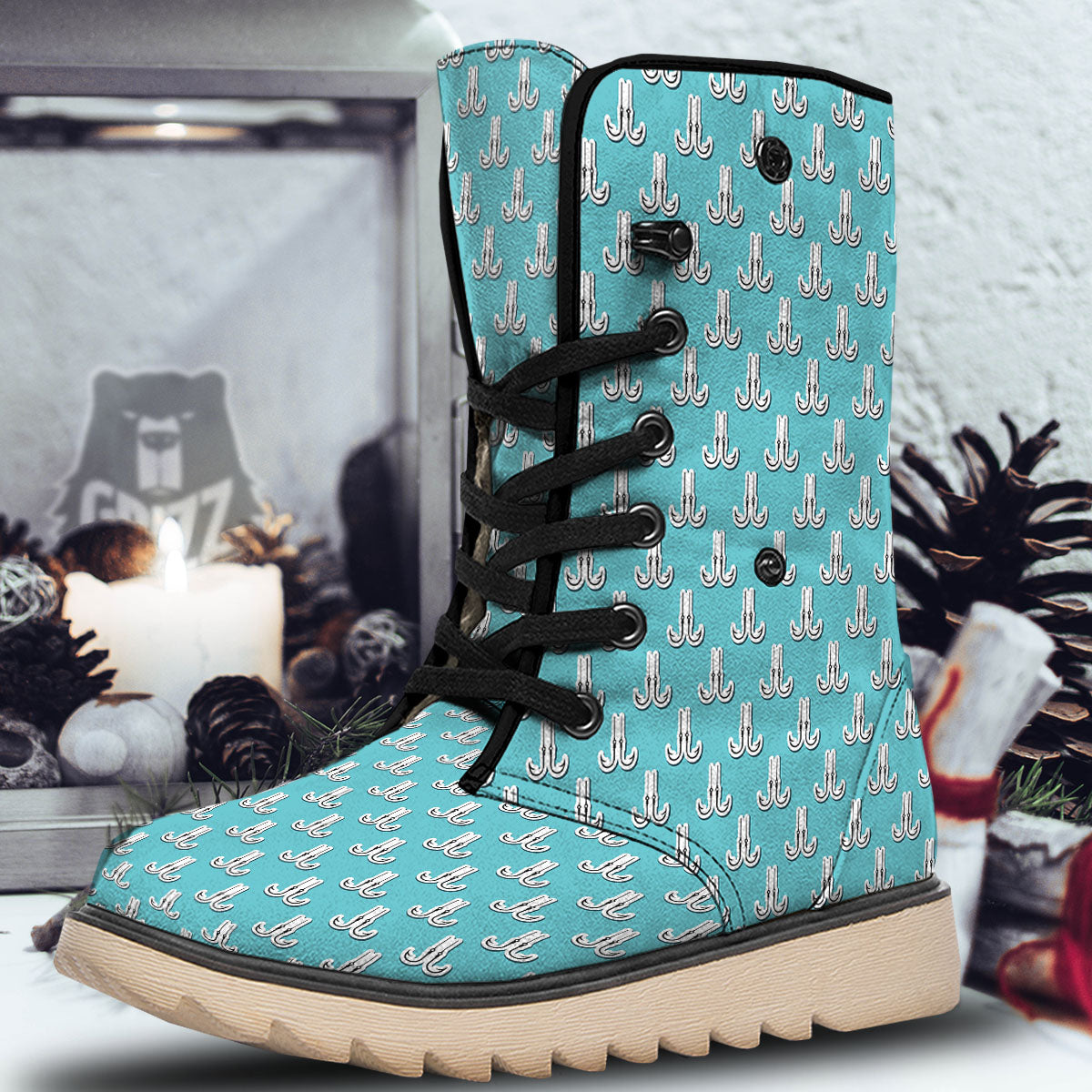 Blue Fish Hook Print Pattern Snow Boots-grizzshop