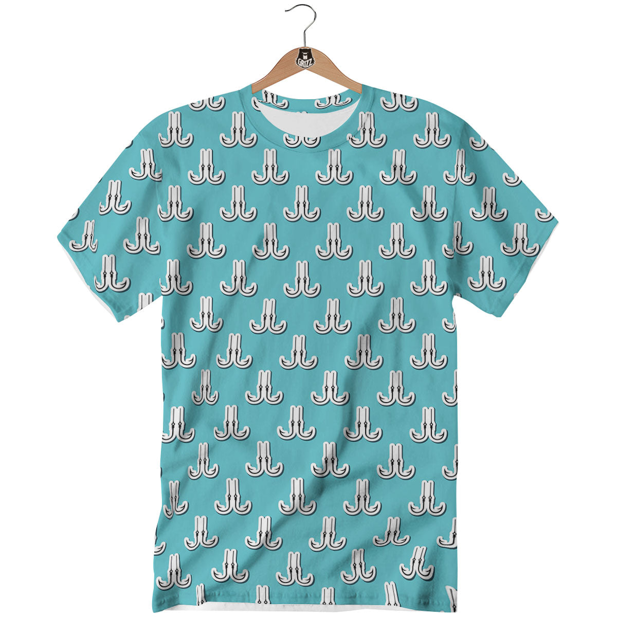 Blue Fish Hook Print Pattern T-Shirt-grizzshop