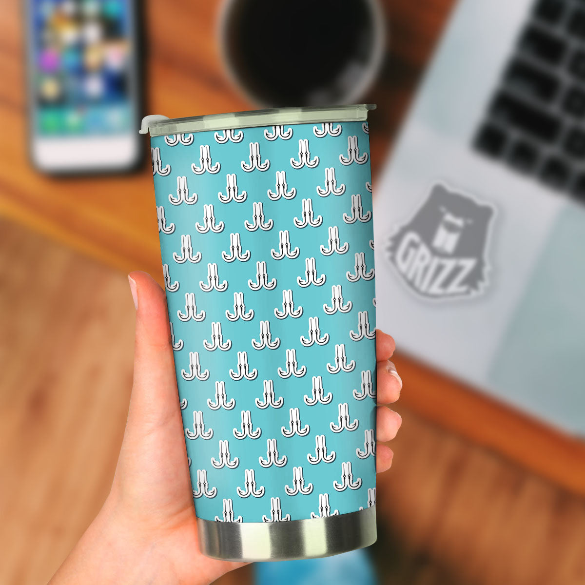 Blue Fish Hook Print Pattern Tumbler-grizzshop