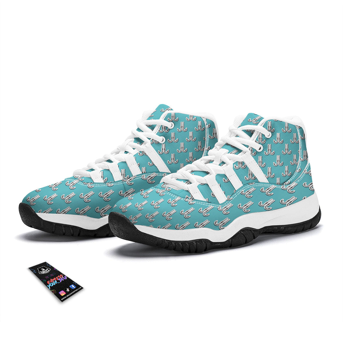 Blue Fish Hook Print Pattern White Bball Shoes-grizzshop