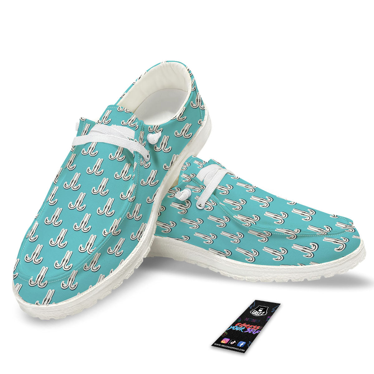 Blue Fish Hook Print Pattern White Loafers-grizzshop
