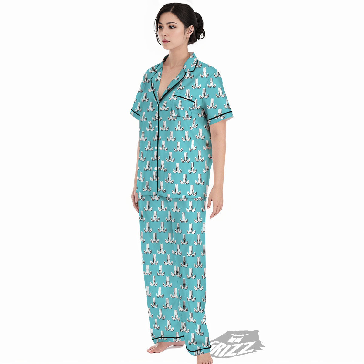 Blue Fish Hook Print Pattern Women's Pajamas Set-grizzshop