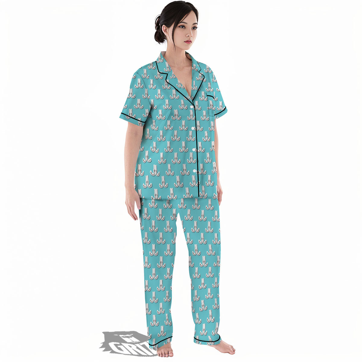 Blue Fish Hook Print Pattern Women's Pajamas Set-grizzshop
