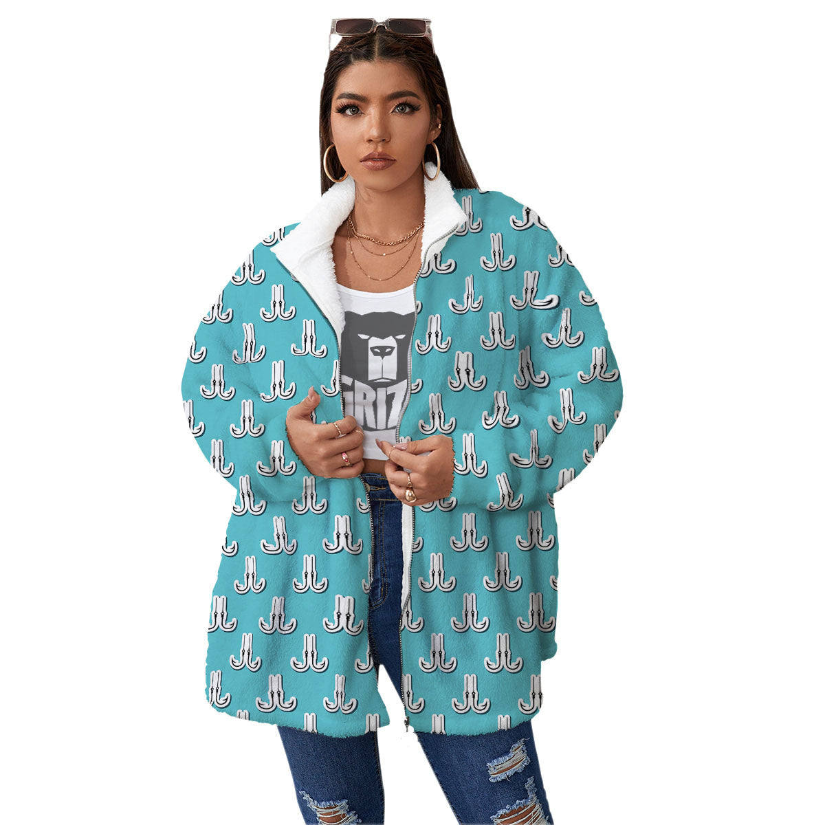 Blue Fish Hook Print Pattern Women's Sherpa Jacket-grizzshop