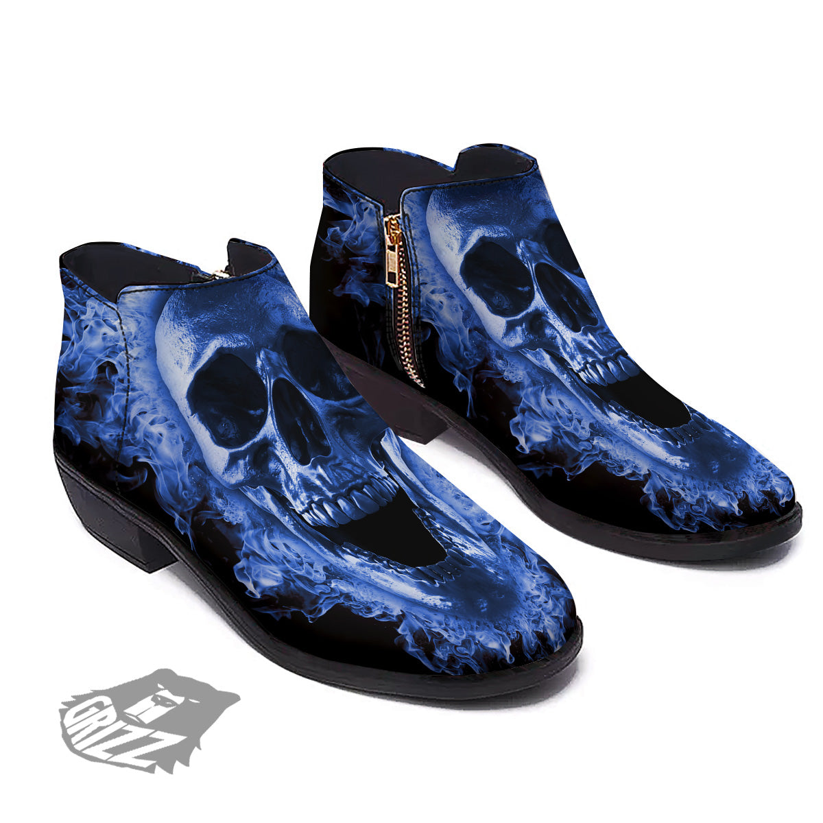 Blue Flaming Skull Print Ankle Boots-grizzshop