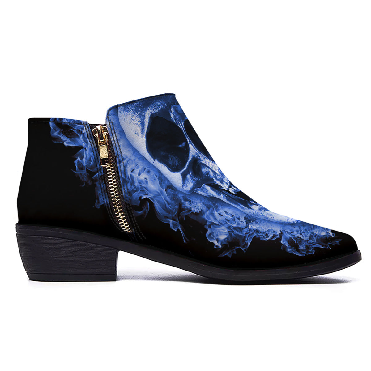 Blue Flaming Skull Print Ankle Boots-grizzshop