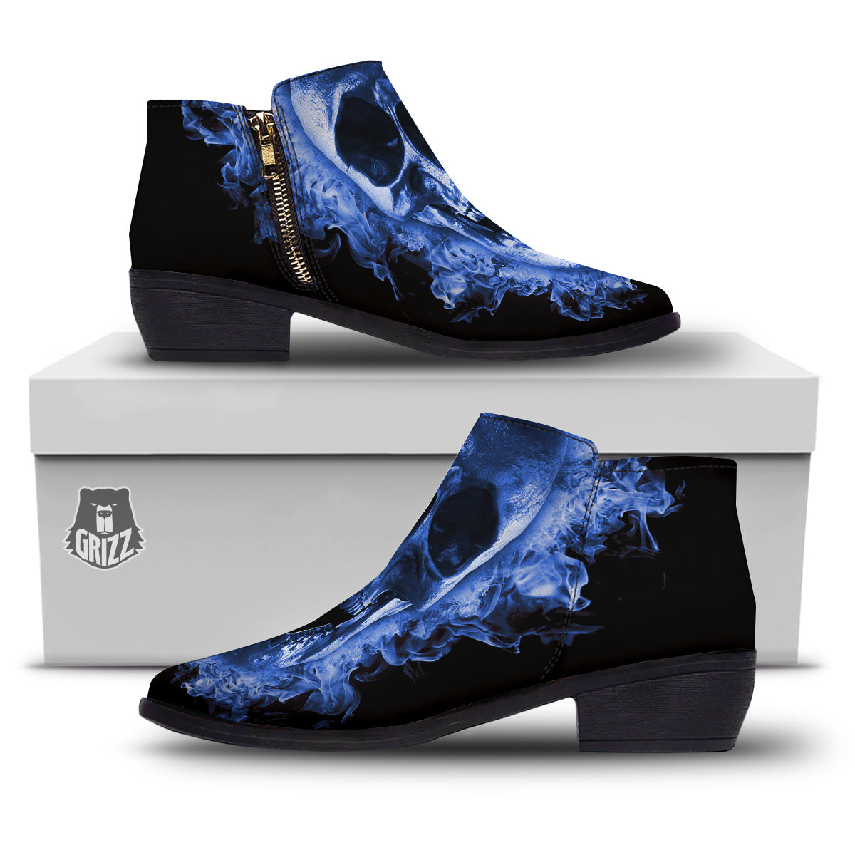 Blue Flaming Skull Print Ankle Boots-grizzshop