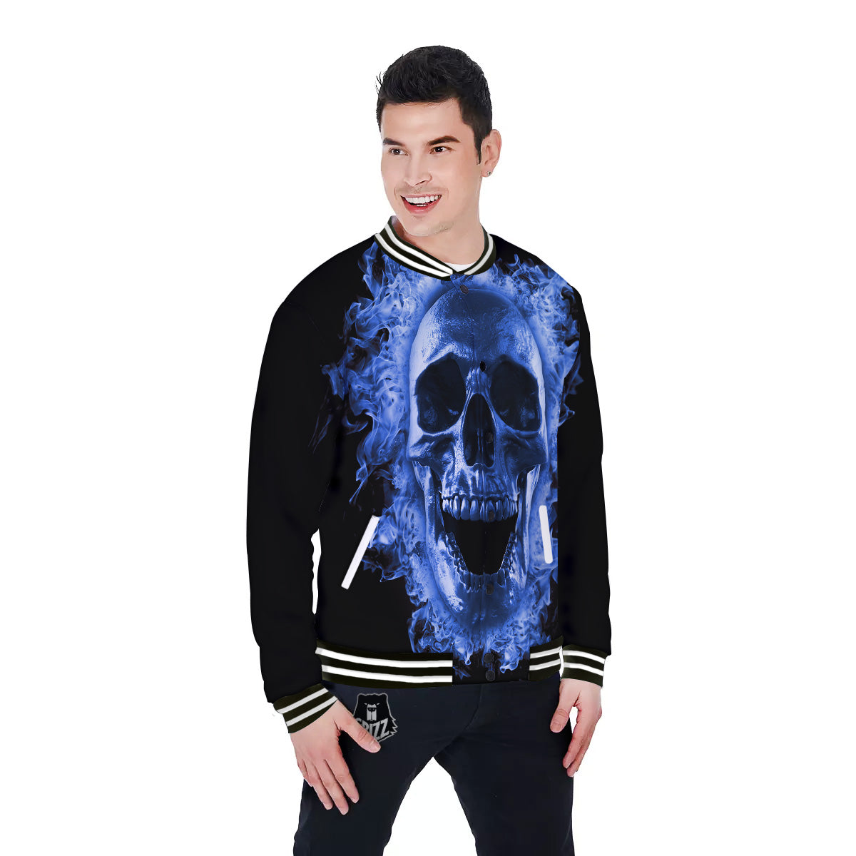 Blue Flaming Skull Print Baseball Jacket-grizzshop