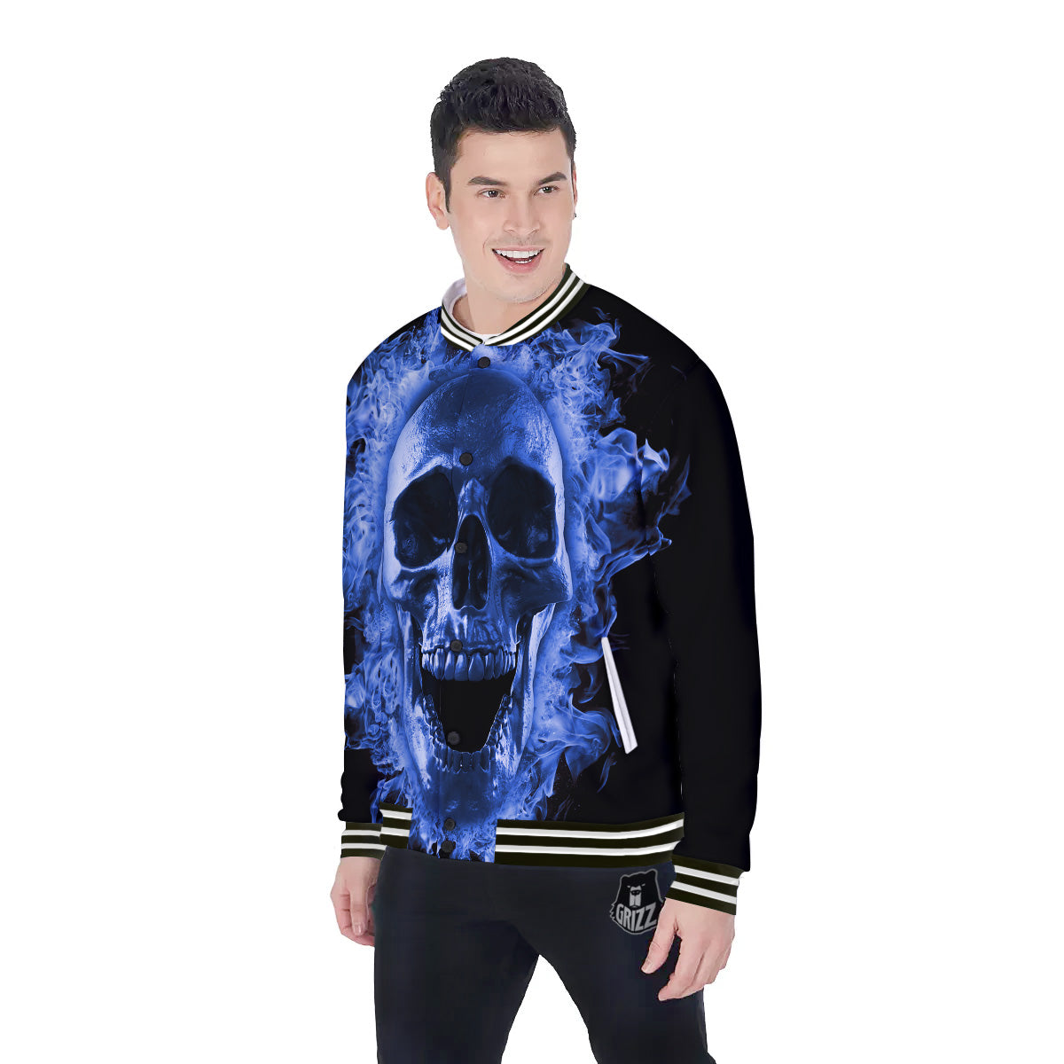 Blue Flaming Skull Print Baseball Jacket-grizzshop