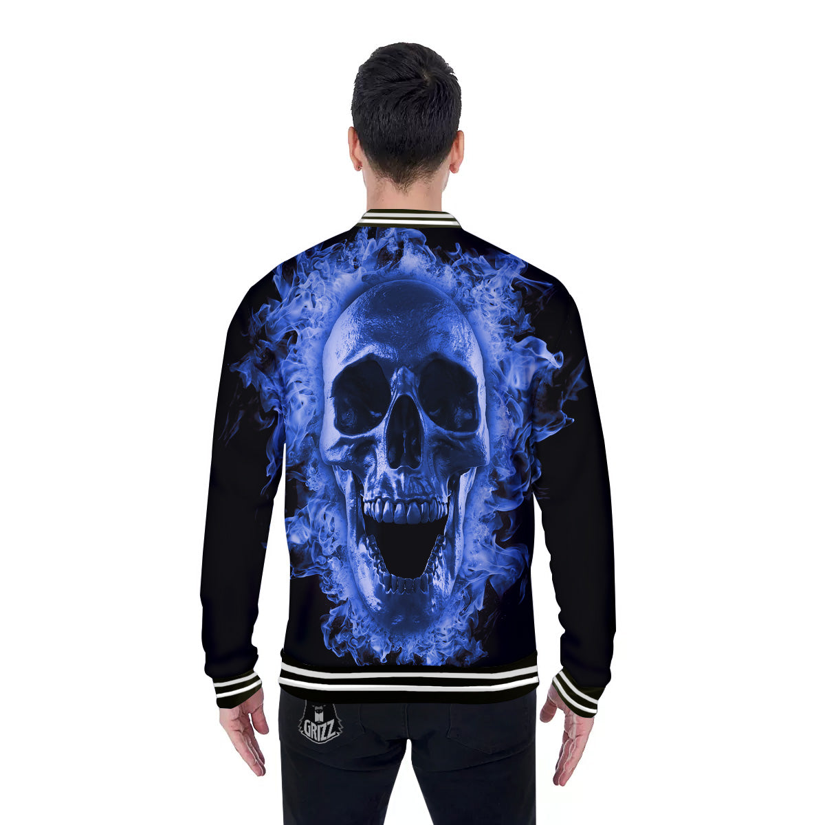 Blue Flaming Skull Print Baseball Jacket-grizzshop