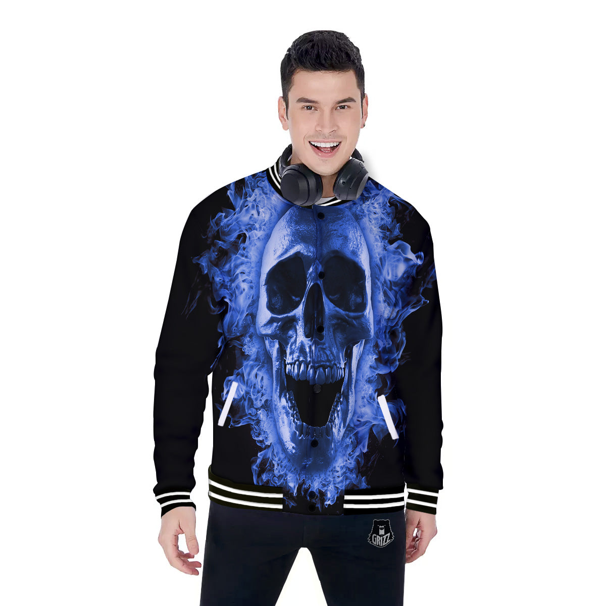 Blue Flaming Skull Print Baseball Jacket-grizzshop