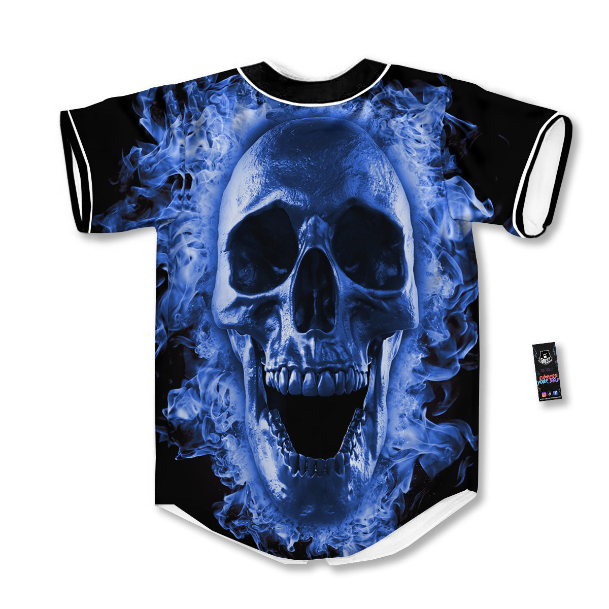 Blue Flaming Skull Print Baseball Jersey-grizzshop