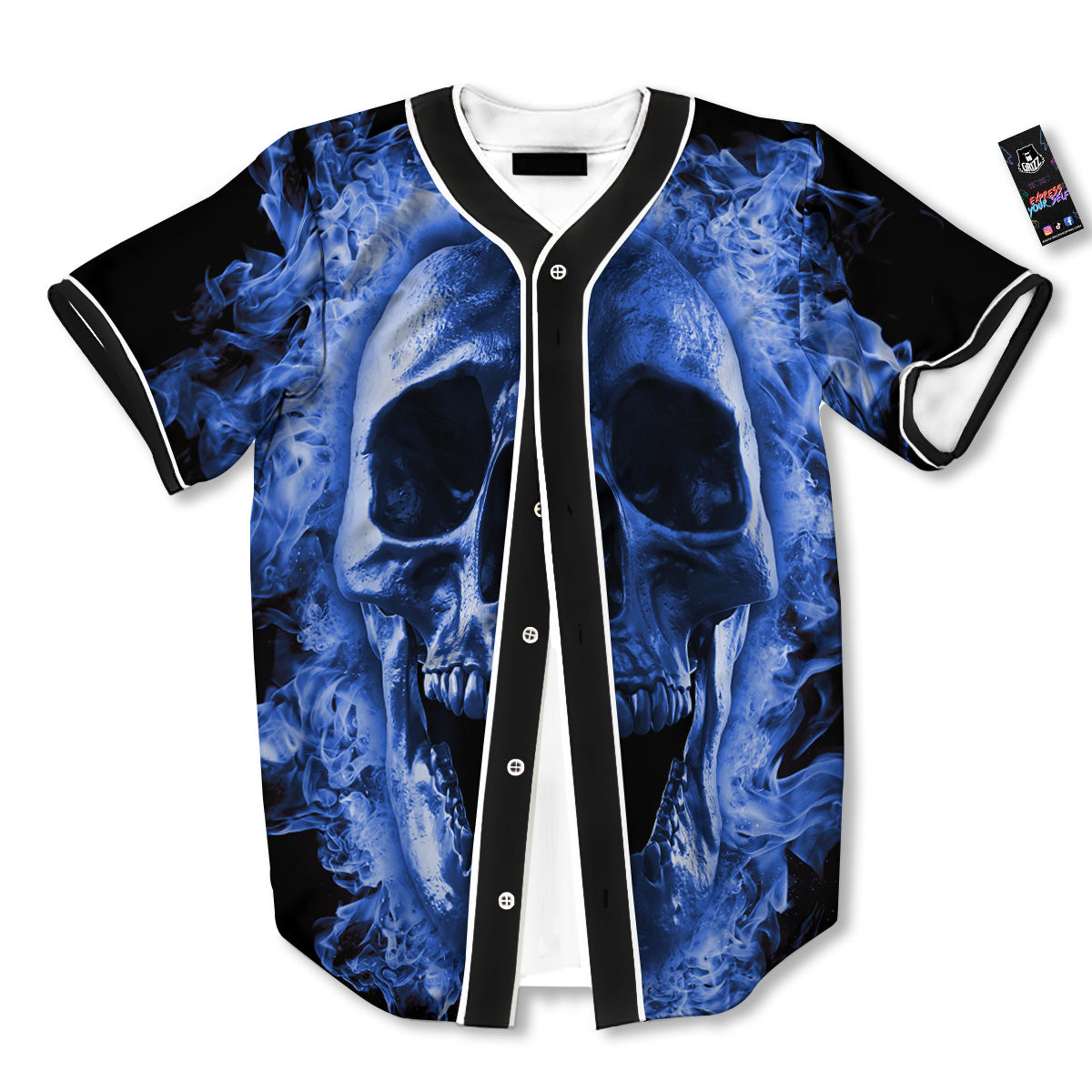 Blue Flaming Skull Print Baseball Jersey-grizzshop