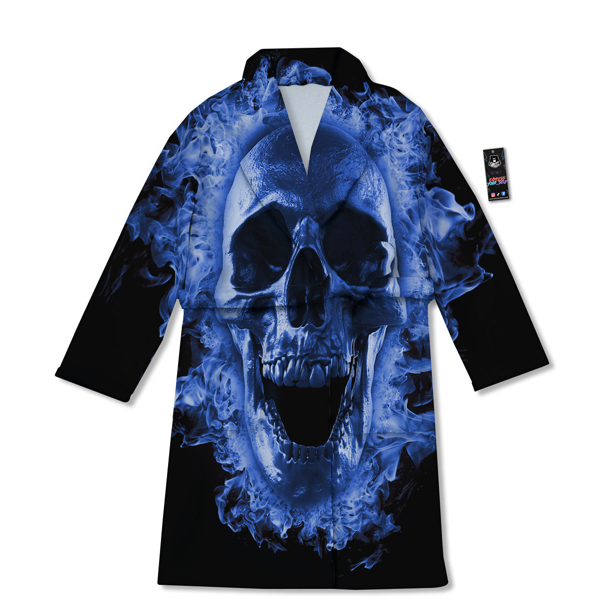 Blue Flaming Skull Print Bathrobe-grizzshop