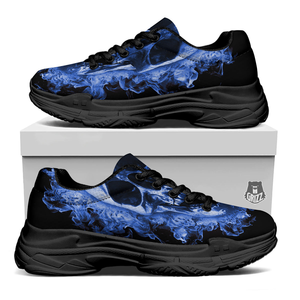 Blue Flaming Skull Print Black Chunky Shoes-grizzshop