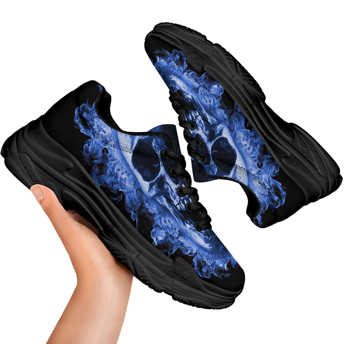 Blue Flaming Skull Print Black Chunky Shoes-grizzshop