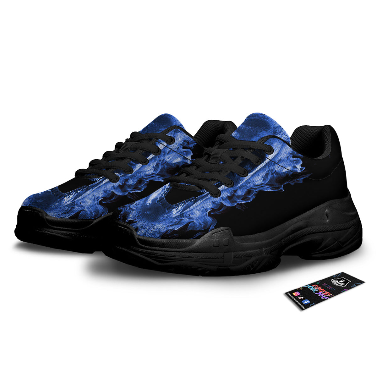 Blue Flaming Skull Print Black Chunky Shoes-grizzshop
