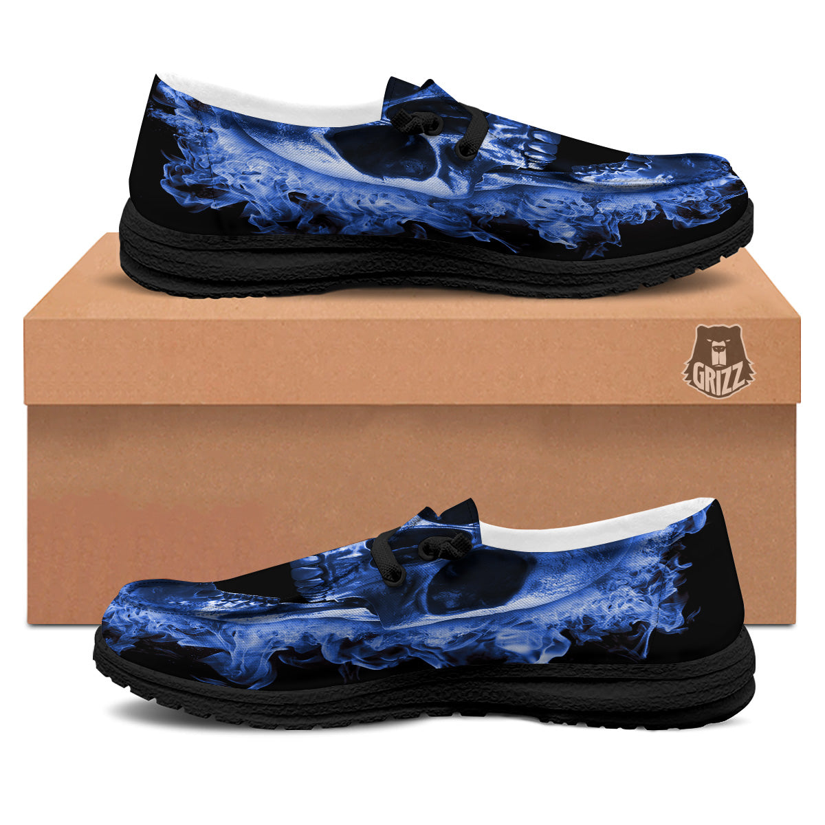 Blue Flaming Skull Print Black Loafers-grizzshop
